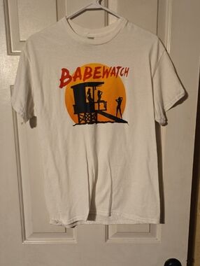 Gildan White Short Sleeve 'BABEWATCH' Graphic Tee with Orange & Red Print